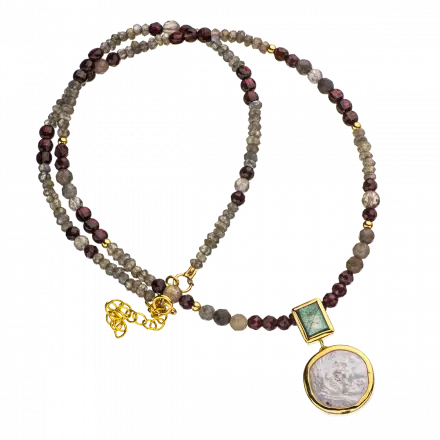 Garnet and Labradorite Necklace accented with 9k Gold and Pearl