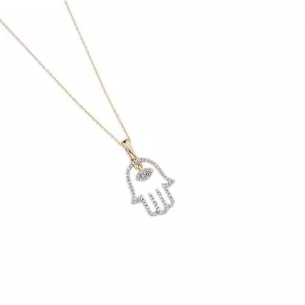 14k Yellow Gold Necklace with Hamsa and within it, an eye surrounded by Diamonds