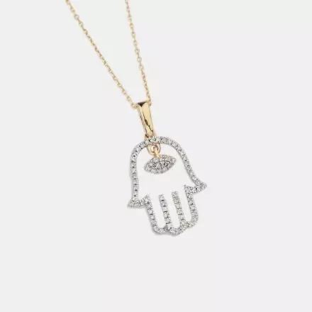 14k Yellow Gold Necklace with Hamsa and within it, an eye surrounded by Diamonds