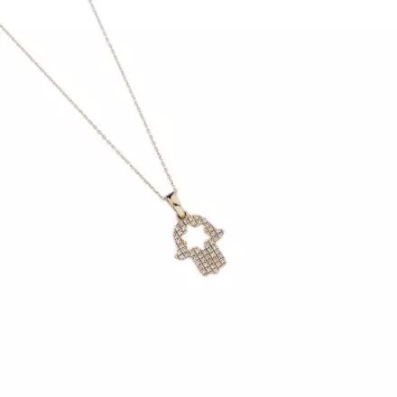 14k Yellow Gold Necklace with dainty Hamsa surrounded by Diamonds
