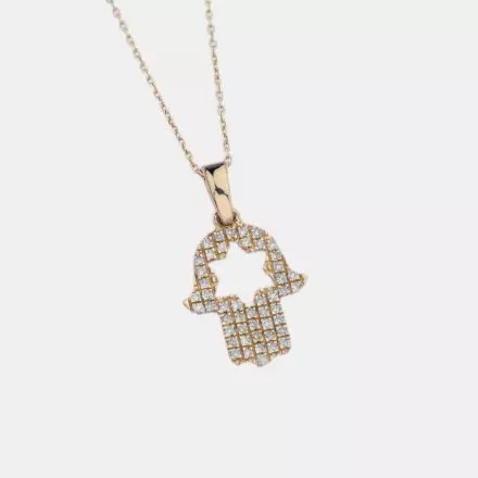 14k Yellow Gold Necklace with dainty Hamsa surrounded by Diamonds