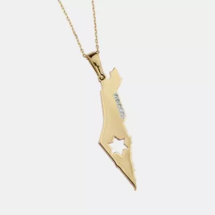14k Gold Necklace with Map of Israel and Star of David set with Diamonds