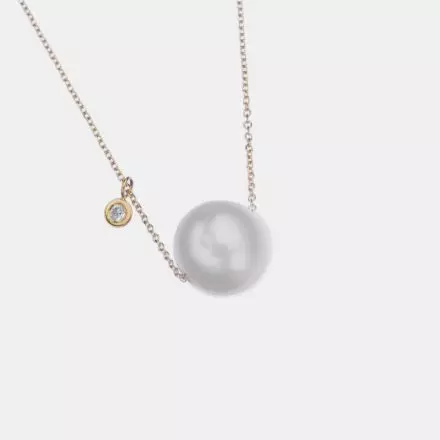 14k Yellow Gold Necklace with threaded Pearl and beside it a Diamond Pendant