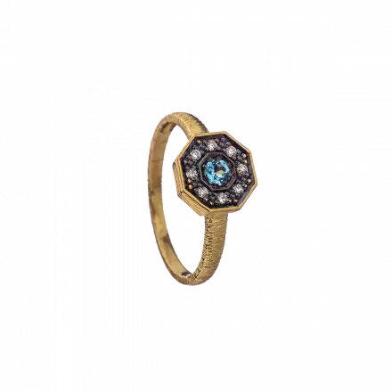 14K Gold Ring with Octagon Blue Topaz & Diamonds
