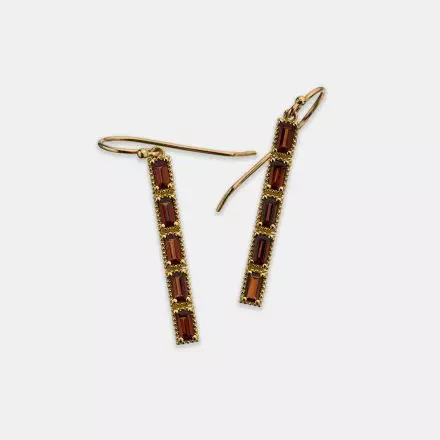 14k Gold Earrings consisting of 5 Gold Rectangles set with natural Garnets