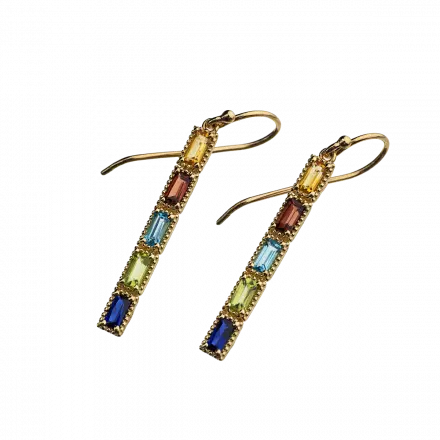 14k Gold Hook Earrings set with 5 gemstones: Corundum Sapphire, Garnet, Blue Topaz, Peridot, Citrine