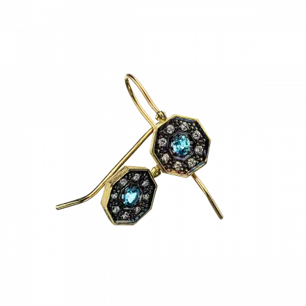 14K Gold Earrings with Octagon Blue Topaz and Diamonds