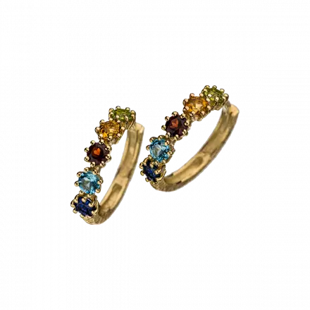 14K Gold Hoop Earrings with 5 Gems: Garnet, Peridot, Citrine, Corundum Sapphire and Blue Topaz