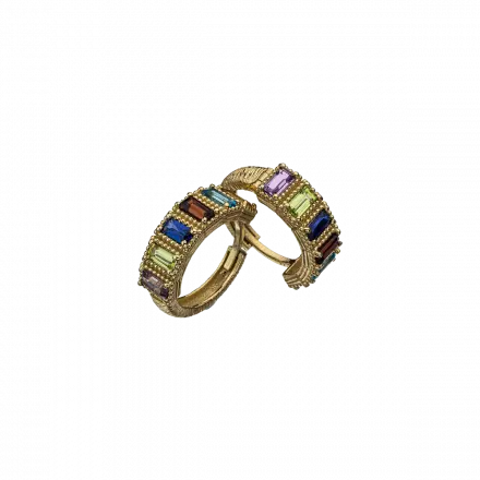 14K Gold Ring with 6 Rectangular Gemstones: Citrine, Blue Topaz, Garnet, Corundum Sapphire, Peridot and Amethyst