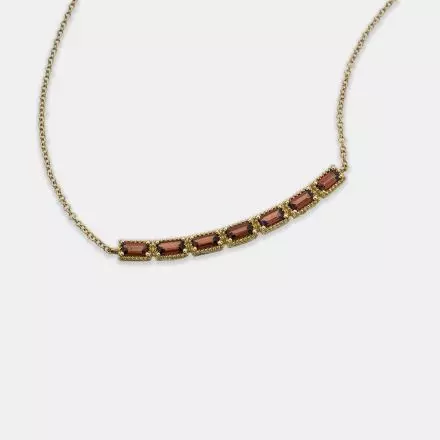 14k Gold Necklace with center arch set with rectangular natural Garnets