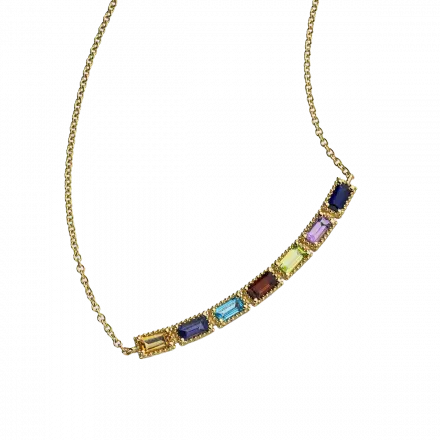 14k Gold Arch Necklace set with 7 rectangular gemstones: Corundum Sapphire