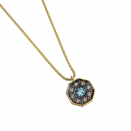 14K Gold Necklace with Octagon Blue Topaz and Diamonds