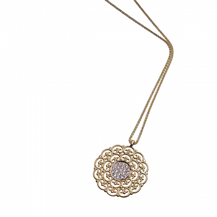 14K Gold Necklace, Knitted Pendant with Diamonds