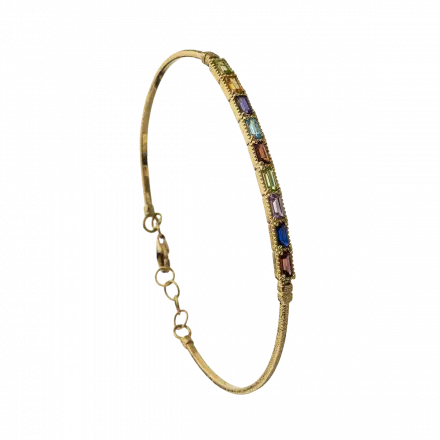 14k Gold Bracelet set with 9 rectangular gemstones: Corundum Sapphire, Garnet, Citrine, Peridot, Amethyst, Iolite and Blue Topaz