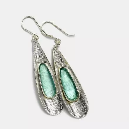 Silver Boat Earrings set with Roman Glass coated with Green Patina