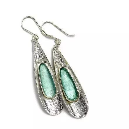 Silver Boat Earrings set with Roman Glass coated with Green Patina