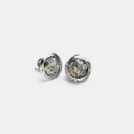 Silver Circle Stud Earrings set with Roman Glass coated with Natural Patina