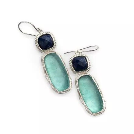Silver Hook Earrings with Lapis Lazuli natural stone and Roman Glass