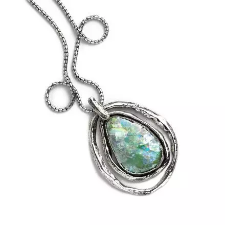 Silver Necklace with Drop Shape Patina Roman Glass
