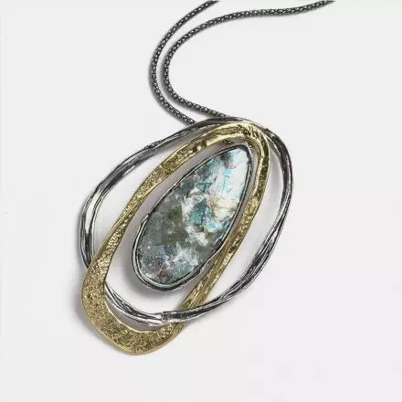 Silver Necklace with Double Elliptical Pendant, one Silver and one Gilded Silver, beween them Roman Glass coated with Natural Patina