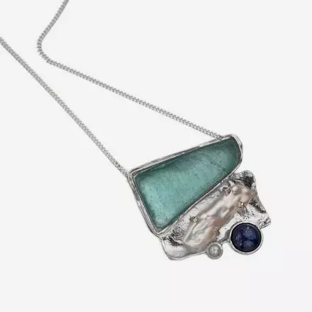 Unique Silver Necklace with Lapis Lazuli natural stone, Roman Glass and Wild Pearl