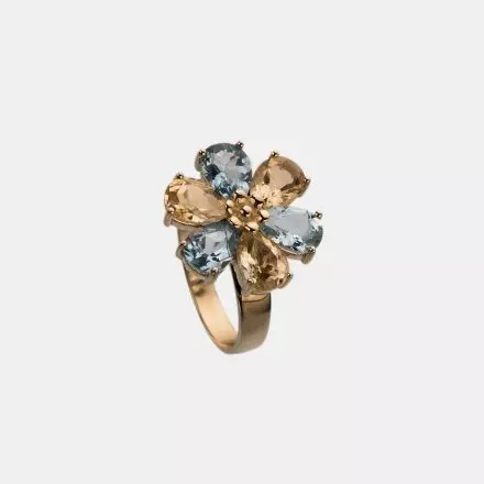 14K Gold flower Ring Citrine, Blue Topaz and Diamond