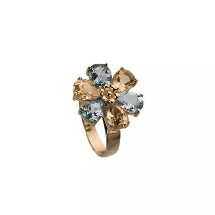 14K Gold flower Ring Citrine, Blue Topaz and Diamond