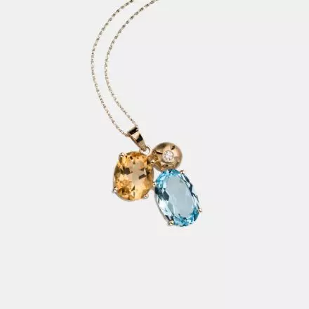 14K Gold Necklace Citrine, Blue Topaz and Diamond 0.05ct