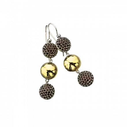 Silver Earrings with 3 domes, 2 of them set with garnets and one wrapped in 9k gold