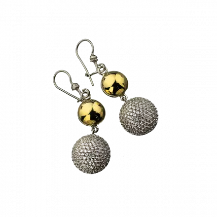 Silver Earrings with 2 domes, one of them set with a zircon and one wrapped in 9k gold
