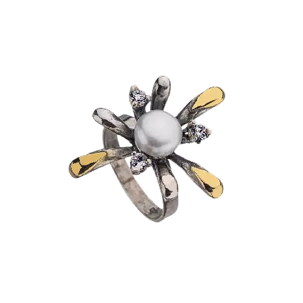 Silver Ring accented with 9k Gold, with Pearl and Zircon Flower