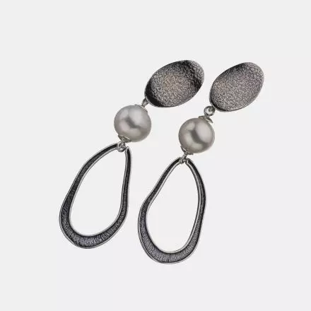 Oval Silver Earrings with dangling Wild Pearl and wavy, oval Silver shape