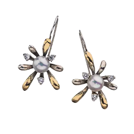 Silver Earrings accented with 9k Gold, with Pearl and Zircon Flower