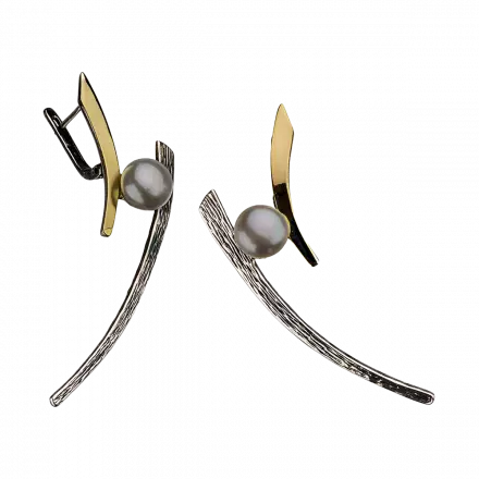 Silver Long Earrings with 9K Gold and Pearl