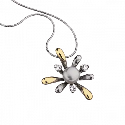 Silver Pendant Necklace accented with 9k Gold, with Pearl and Zircon Flower