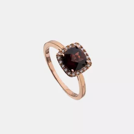 14k Red Gold Ring with square Garnet surrounded by Diamonds 0.10ct