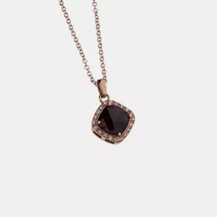 14k Red Gold Necklace with square Garnet surrounded by Diamonds 0.10ct