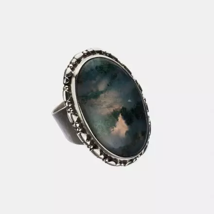 Ethnic Silver Craft Ring Set with Oval Ocean Jasper