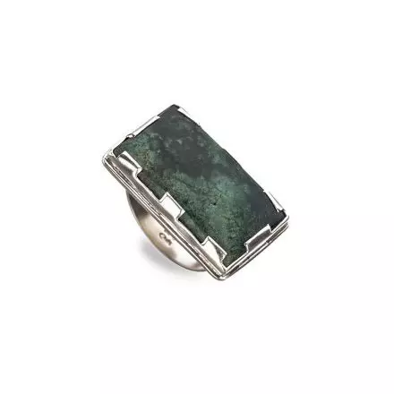 Silver Rectangle Ring handset with Green Moss Agate Stone