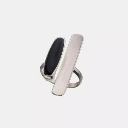 Silver Ring with a long rectangle beside a short rectangle set with a rounded onyx stone