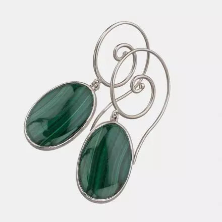 Spiral Silver Earrings set with Malachite Stones