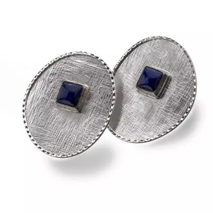 Impressively sized Silver Coin Earrings set with Lapis Stones