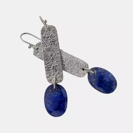 Elongated, hammered Silver Rectangle Earrings with Lapis lazuli Stone