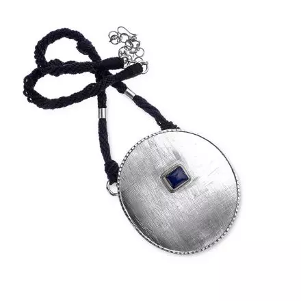 Woven Cotton Rope Necklace with impressive center Silver Coin set with Lapis Stone