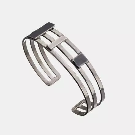 Open Silver Bangle with three silver bands joined by darkened silver rectangles