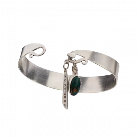Silver Bangle with silver decorations, dangling silver shapes and Chrysocolla Stone
