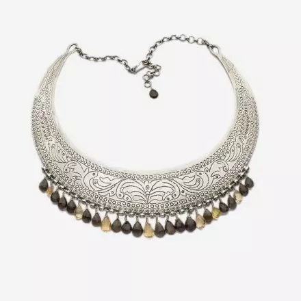 Handmade Crescent Moon Necklace with Citrine and Smoky quartz
