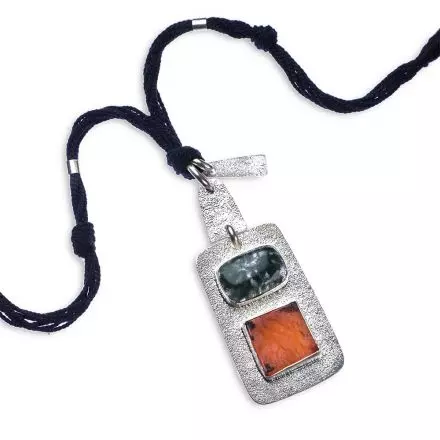 Cotton Cord Necklace with center Silver Rectangle set with Jasper and raw Carnelian