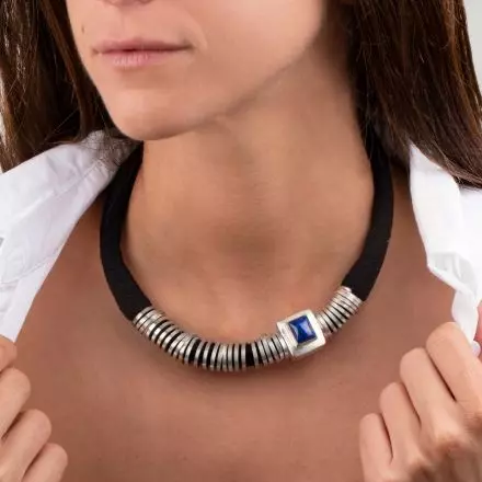 Woven Cotton Rope Collar Necklace with Silver and Lapis Stone