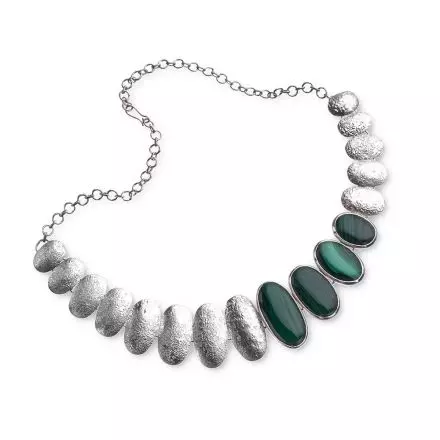 Silver Oval Links Necklace set on the side with 4 Oval Malachite Stones
